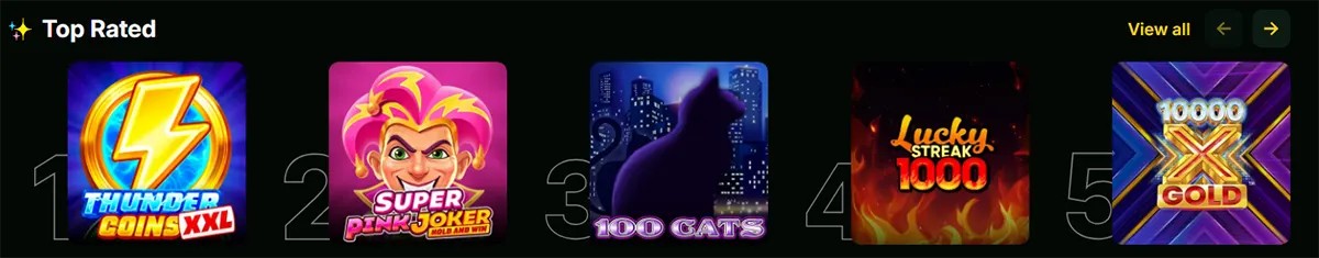 “Top Rated” slot carousel with numbered tiles showing Thunder Coins XXL, Super Pink Joker Hold and Win, 100 Cats, Lucky Streak 1000, and 10000X Gold, plus a “View all” link and arrow controls.