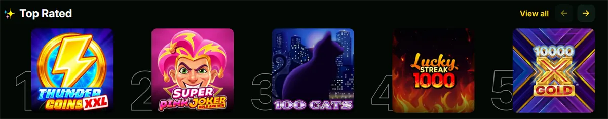“Top Rated” slot carousel with numbered tiles showing Thunder Coins XXL, Super Pink Joker Hold and Win, 100 Cats, Lucky Streak 1000, and 10000X Gold, plus a “View all” link and arrow controls.