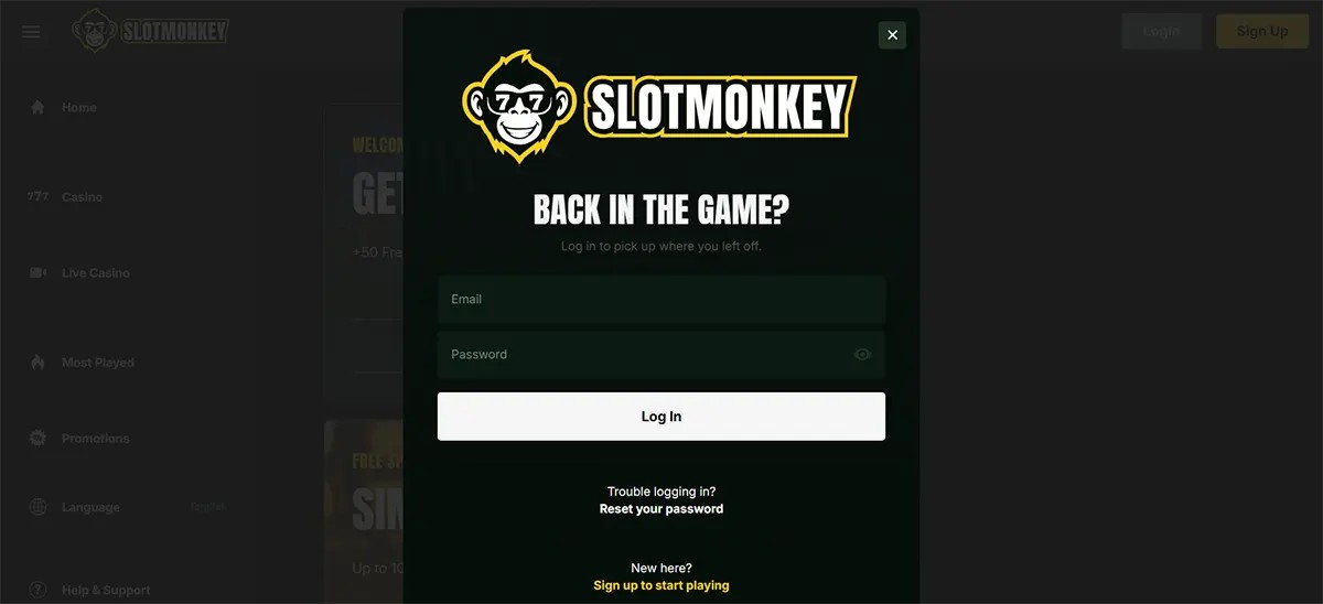 SlotMonkey website with a dark login pop-up showing the SlotMonkey logo, “Back in the game?” heading, email and password fields, a large “Log In” button, and links to reset password or sign up.