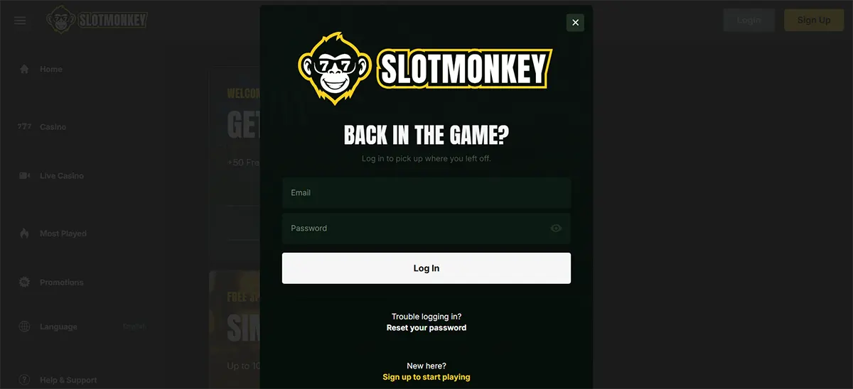 SlotMonkey website with a dark login pop-up showing the SlotMonkey logo, “Back in the game?” heading, email and password fields, a large “Log In” button, and links to reset password or sign up.